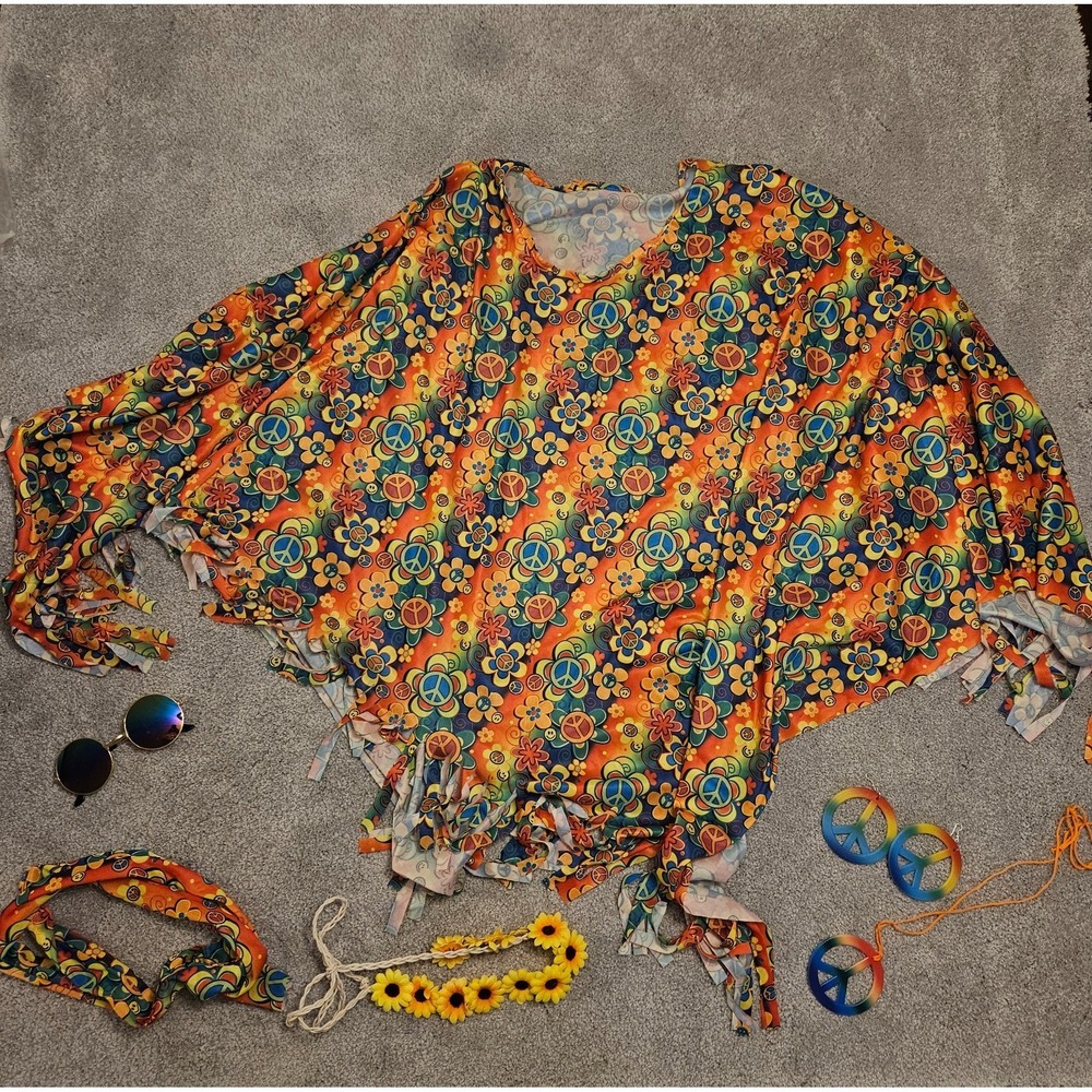 Retro 70s Hippie Costume Set w/ Poncho, Flower Headband, Peace Sign Jewelry